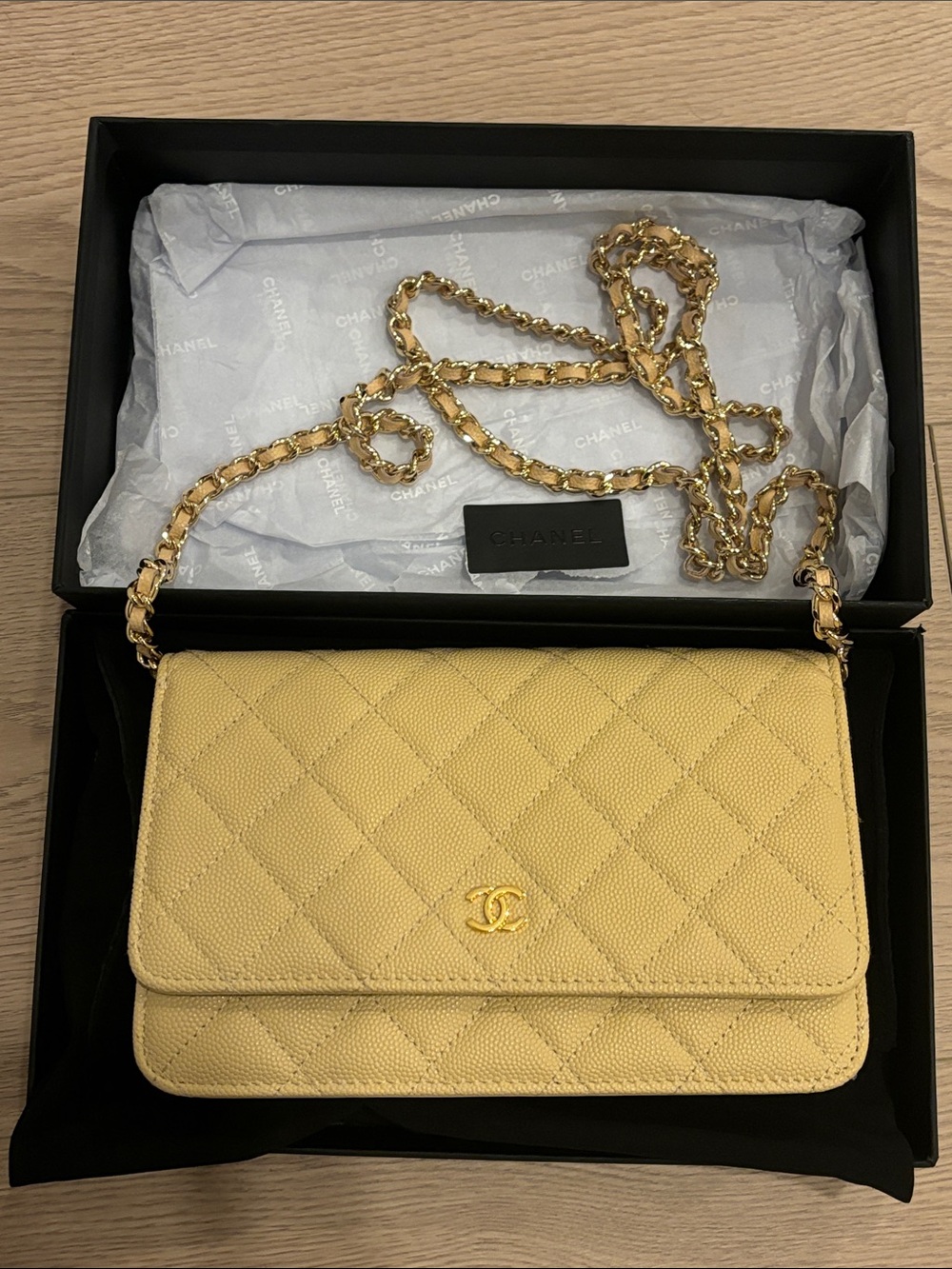 CHANEL Light Beige Caviar Leather Gold Hardware Wallet on Chain